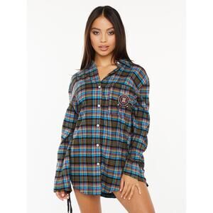 Savage X Fenty XS Tied Up Tartan PJ Raw Hem Sleep Shirt Blue Purple Plaid